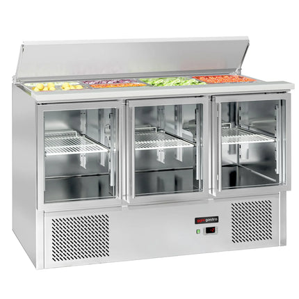 GGM Gastro Commercial Saladette Counter ECO - 1368mm - 368L - 3 glass doors - open top for 4 x GN 1/1 & stainless steel retractable lid