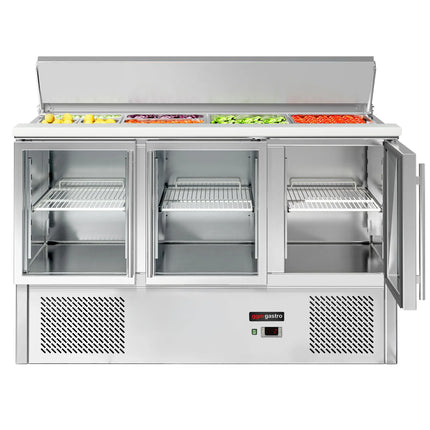 GGM Gastro Commercial Saladette Counter ECO - 1368mm - 368L - 3 glass doors - open top for 4 x GN 1/1 & stainless steel retractable lid