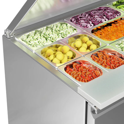 GGM Gastro Commercial Saladette Counter ECO - 1368mm - 368L - 3 glass doors - open top for 4 x GN 1/1 & stainless steel retractable lid