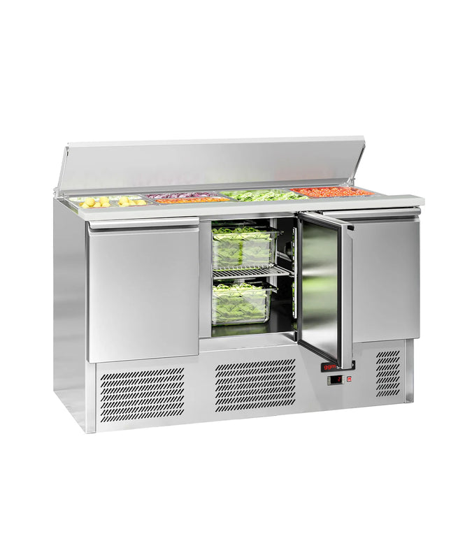 GGM Gastro Commercial Saladette Counter ECO - 1368mm - 368L - Black Front - 3 doors - open top for 4 x GN 1/1 & stainless steel hinged lid