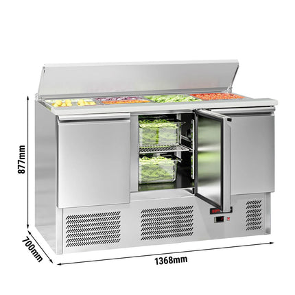 GGM Gastro Commercial Saladette Counter ECO - 1368mm - 368L - Black Front - 3 doors - open top for 4 x GN 1/1 & stainless steel hinged lid