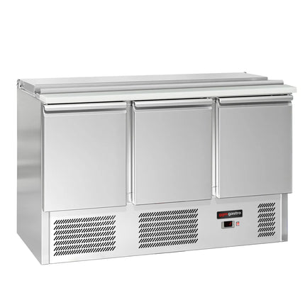 GGM Gastro Commercial Saladette Counter ECO - 1368mm - 368L - Black Front - 3 doors - open top for 4 x GN 1/1 & stainless steel hinged lid