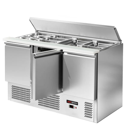GGM Gastro Commercial Saladette Counter ECO - 1368mm - 368L - Black Front - 3 doors - open top for 4 x GN 1/1 & stainless steel hinged lid