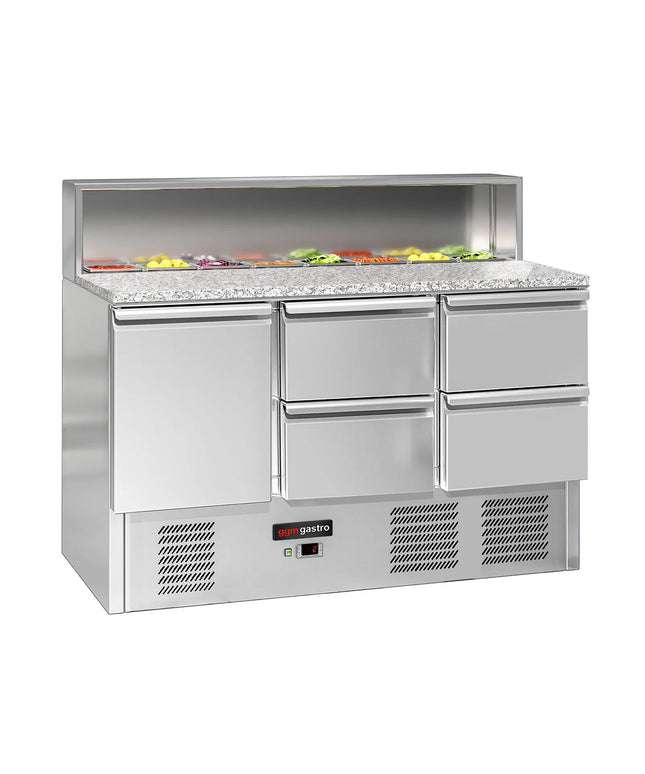 GGM Gastro Commercial Saladette Counter ECO - 1368mm - 402L - 1 door & 4 drawers - open top for 8 x GN 1/6 & stainless steel hinged lid