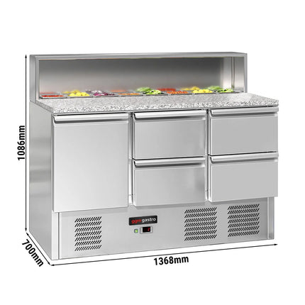 GGM Gastro Commercial Saladette Counter ECO - 1368mm - 402L - 1 door & 4 drawers - open top for 8 x GN 1/6 & stainless steel hinged lid