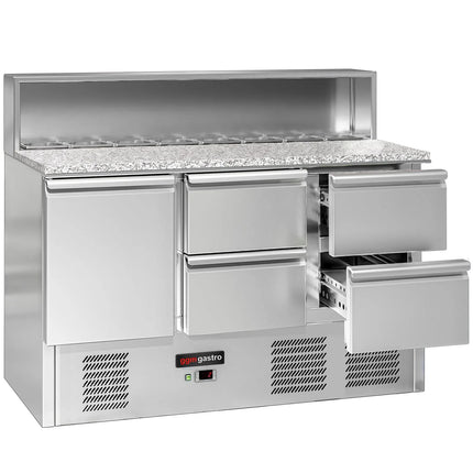 GGM Gastro Commercial Saladette Counter ECO - 1368mm - 402L - 1 door & 4 drawers - open top for 8 x GN 1/6 & stainless steel hinged lid