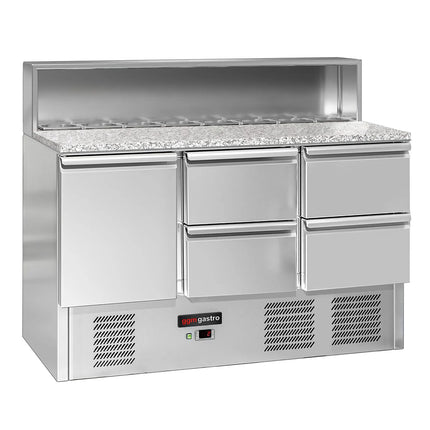 GGM Gastro Commercial Saladette Counter ECO - 1368mm - 402L - 1 door & 4 drawers - open top for 8 x GN 1/6 & stainless steel hinged lid