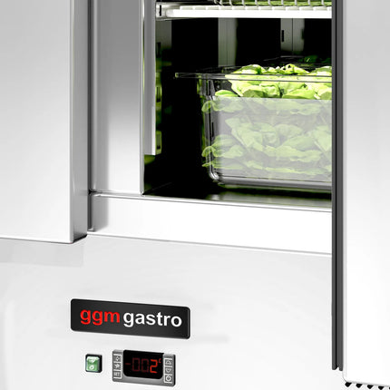 GGM Gastro Commercial Saladette Counter ECO - 1368mm - 402L - 1 door & 4 drawers - open top for 8 x GN 1/6 & stainless steel hinged lid