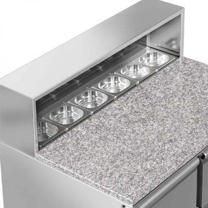 GGM Gastro Commercial Saladette Counter ECO - 1368mm - 402L - 1 door & 4 drawers - open top for 8 x GN 1/6 & stainless steel hinged lid