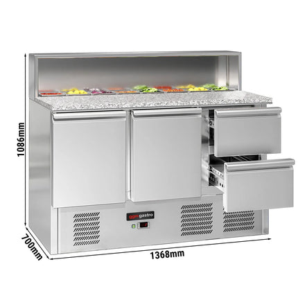 GGM Gastro Commercial Saladette Counter ECO - 1368mm - 402L - 2 doors & 2 drawers - open top for 8 x GN 1/6 & stainless steel hinged lid