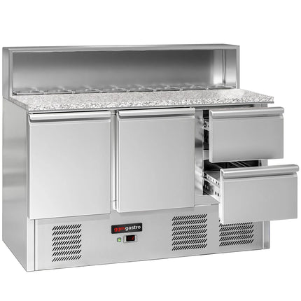 GGM Gastro Commercial Saladette Counter ECO - 1368mm - 402L - 2 doors & 2 drawers - open top for 8 x GN 1/6 & stainless steel hinged lid