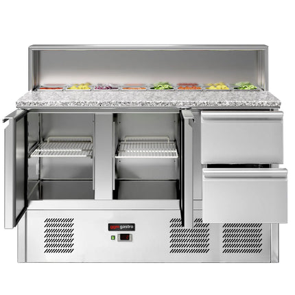 GGM Gastro Commercial Saladette Counter ECO - 1368mm - 402L - 2 doors & 2 drawers - open top for 8 x GN 1/6 & stainless steel hinged lid
