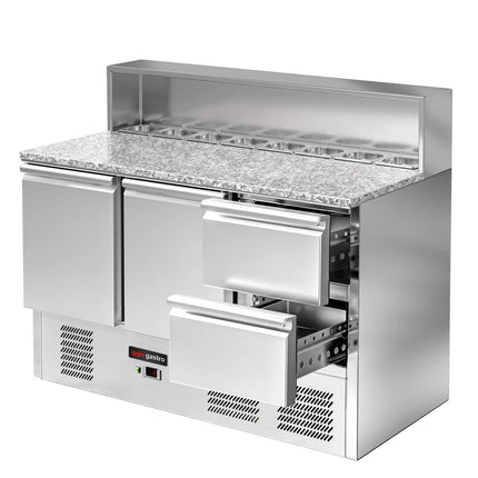 GGM Gastro Commercial Saladette Counter ECO - 1368mm - 402L - 2 doors & 2 drawers - open top for 8 x GN 1/6 & stainless steel hinged lid