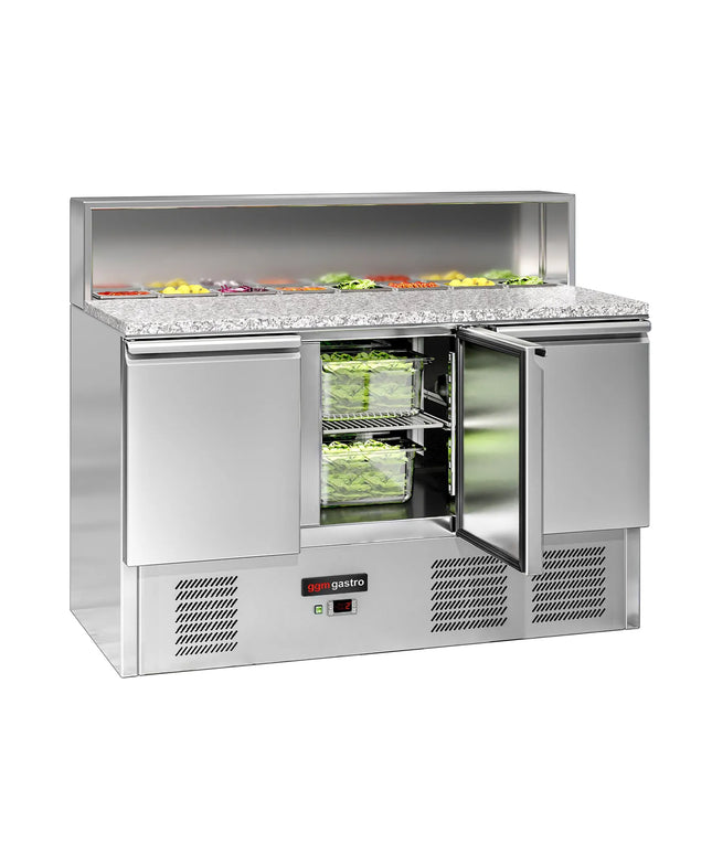 GGM Gastro Commercial Saladette Counter ECO - 1368mm - 402L - 3 doors - open top for 8 x GN 1/6 & stainless steel hinged lid