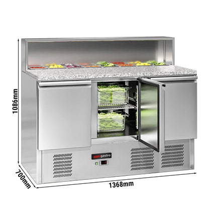 GGM Gastro Commercial Saladette Counter ECO - 1368mm - 402L - 3 doors - open top for 8 x GN 1/6 & stainless steel hinged lid