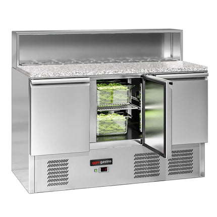GGM Gastro Commercial Saladette Counter ECO - 1368mm - 402L - 3 doors - open top for 8 x GN 1/6 & stainless steel hinged lid