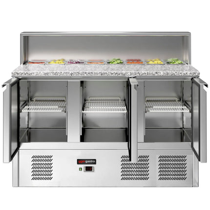 GGM Gastro Commercial Saladette Counter ECO - 1368mm - 402L - 3 doors - open top for 8 x GN 1/6 & stainless steel hinged lid