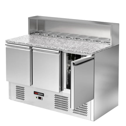 GGM Gastro Commercial Saladette Counter ECO - 1368mm - 402L - 3 doors - open top for 8 x GN 1/6 & stainless steel hinged lid
