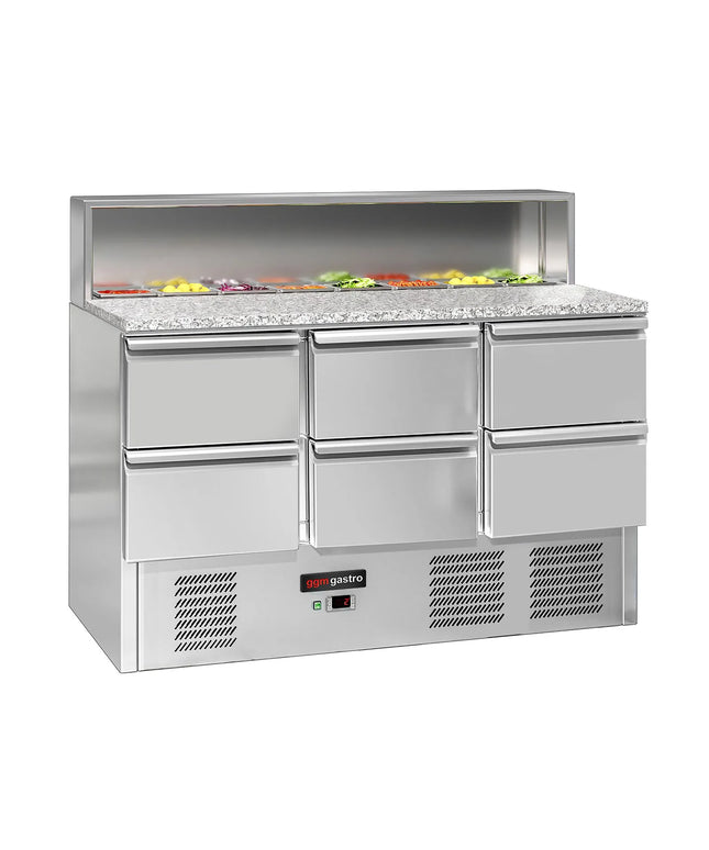 GGM Gastro Commercial Saladette Counter ECO - 1368mm - 402L - 6 drawers - open top for 8 x GN 1/6 & stainless steel hinged lid