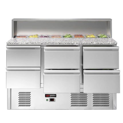 GGM Gastro Commercial Saladette Counter ECO - 1368mm - 402L - 6 drawers - open top for 8 x GN 1/6 & stainless steel hinged lid