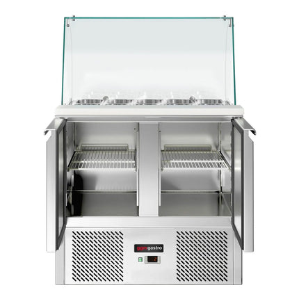 GGM Gastro Commercial Saladette Counter ECO - 900mm - 240L - 2 doors - with glass canopy for 2 x GN 1/1 & 3 x GN 1/6