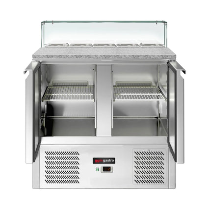 GGM Gastro Commercial Saladette Counter ECO - 900mm - 240L - 2 doors - with square glass canopy for 5 x GN 1/6