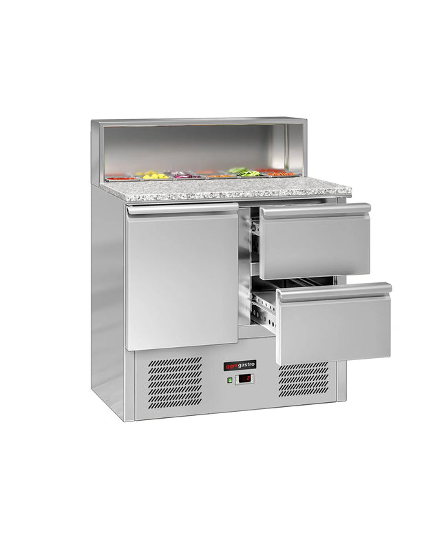 GGM Gastro Commercial Saladette Counter ECO - 903mm - 240L - 1 door & 2 drawers - with stainless steel hinged lid for 5 x GN 1/6