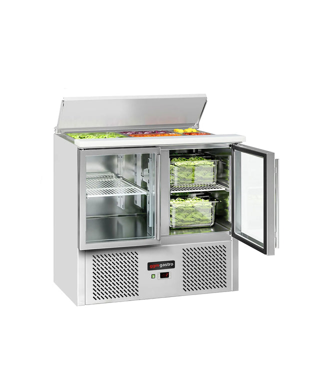 GGM Gastro Commercial Saladette Counter ECO - 903mm - 240L - 2 glass doors - open top for 2 x GN 1/1 & 3 x GN 1/6 & stainless steel retractable lid