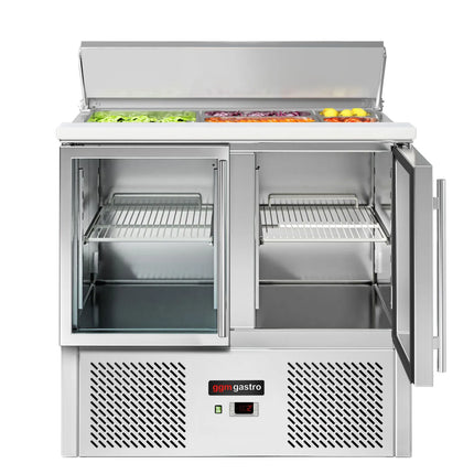GGM Gastro Commercial Saladette Counter ECO - 903mm - 240L - 2 glass doors - open top for 2 x GN 1/1 & 3 x GN 1/6 & stainless steel retractable lid
