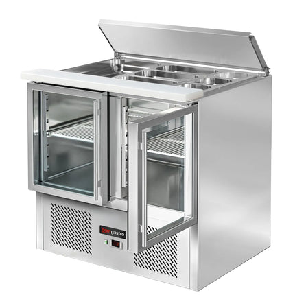 GGM Gastro Commercial Saladette Counter ECO - 903mm - 240L - 2 glass doors - open top for 2 x GN 1/1 & 3 x GN 1/6 & stainless steel retractable lid
