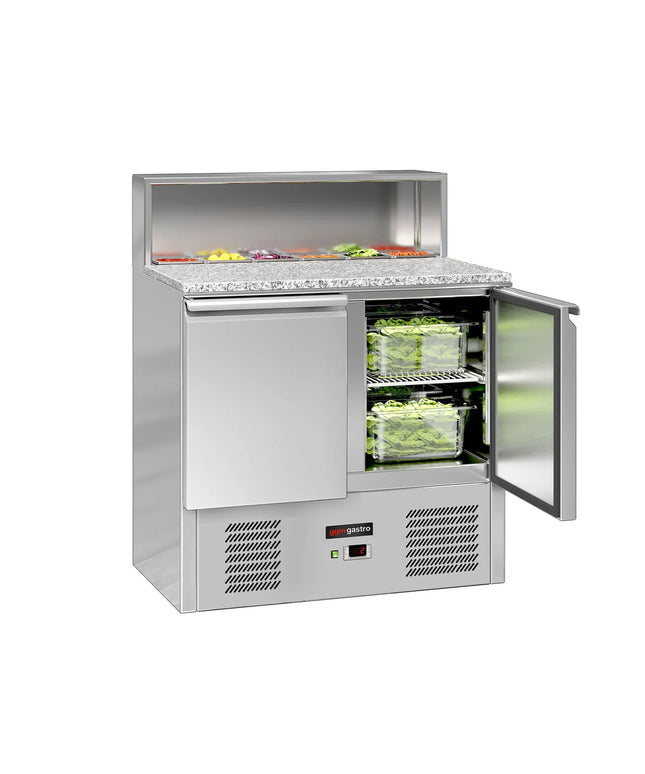 GGM Gastro Commercial Saladette Counter ECO - 903mm - 240L - Black Front - 2 doors - with glass canopy for 5 x GN 1/6 & stainless steel hinged lid
