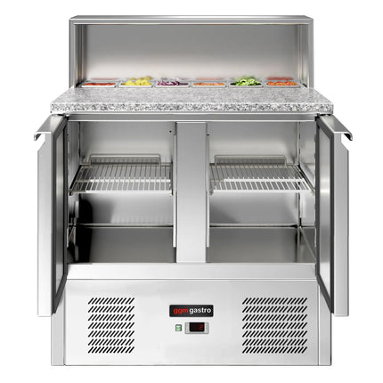GGM Gastro Commercial Saladette Counter ECO - 903mm - 240L - Black Front - 2 doors - with glass canopy for 5 x GN 1/6 & stainless steel hinged lid