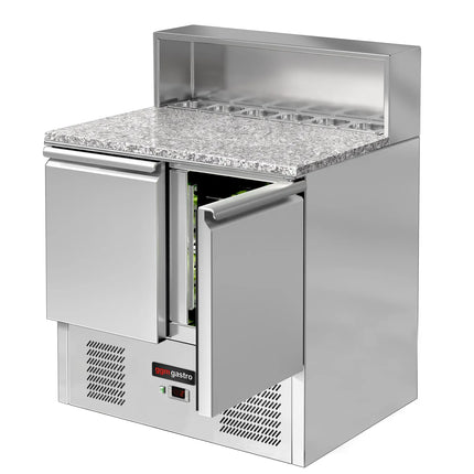GGM Gastro Commercial Saladette Counter ECO - 903mm - 240L - Black Front - 2 doors - with glass canopy for 5 x GN 1/6 & stainless steel hinged lid