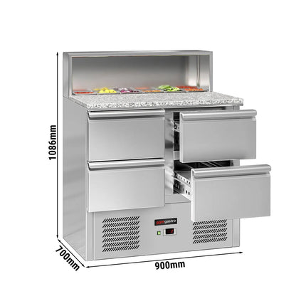 GGM Gastro Commercial Saladette Counter ECO - 903mm - 240L - Black Front - 4 drawers - with glass canopy for 5 x GN 1/6 & stainless steel hinged lid