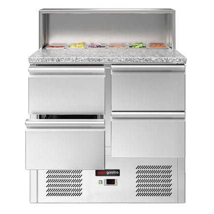 GGM Gastro Commercial Saladette Counter ECO - 903mm - 240L - Black Front - 4 drawers - with glass canopy for 5 x GN 1/6 & stainless steel hinged lid