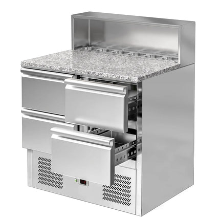 GGM Gastro Commercial Saladette Counter ECO - 903mm - 240L - Black Front - 4 drawers - with glass canopy for 5 x GN 1/6 & stainless steel hinged lid