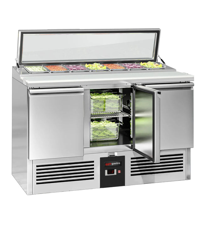 GGM Gastro Commercial Saladette Counter PREMIUM - 1365mm - 248L - 3 doors - with glass lid for 7 x GN 1/3