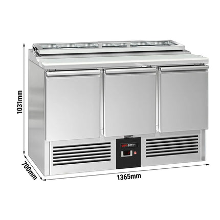 GGM Gastro Commercial Saladette Counter PREMIUM - 1365mm - 248L - 3 doors - with glass lid for 7 x GN 1/3