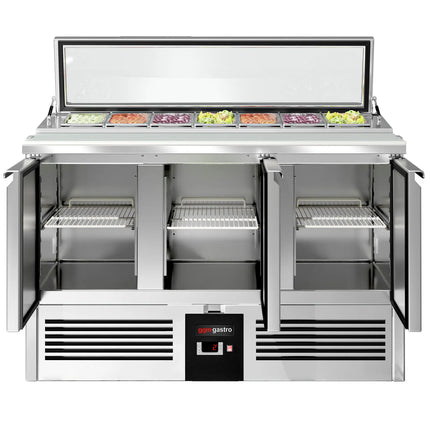 GGM Gastro Commercial Saladette Counter PREMIUM - 1365mm - 248L - 3 doors - with glass lid for 7 x GN 1/3
