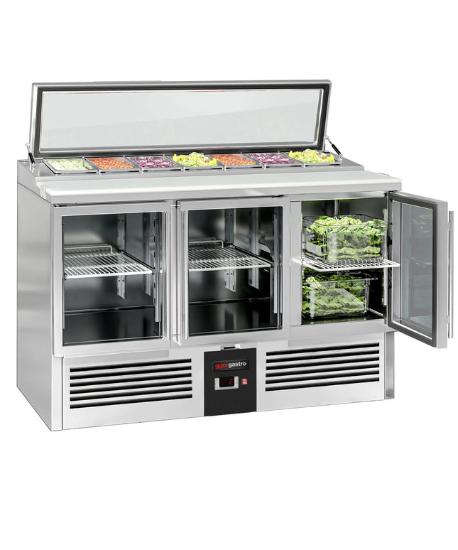 GGM Gastro Commercial Saladette Counter PREMIUM - 1365mm - 248L - 3 glass doors - open top for 7 x GN 1/3 & glass lid