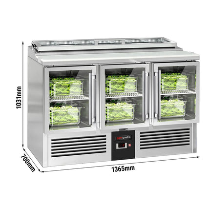 GGM Gastro Commercial Saladette Counter PREMIUM - 1365mm - 248L - 3 glass doors - open top for 7 x GN 1/3 & glass lid