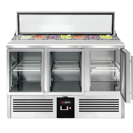 GGM Gastro Commercial Saladette Counter PREMIUM - 1365mm - 248L - 3 glass doors - open top for 7 x GN 1/3 & glass lid