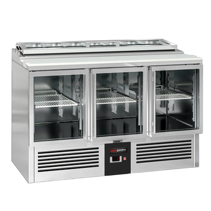 GGM Gastro Commercial Saladette Counter PREMIUM - 1365mm - 248L - 3 glass doors - open top for 7 x GN 1/3 & glass lid