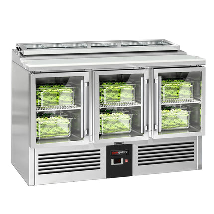 GGM Gastro Commercial Saladette Counter PREMIUM - 1365mm - 248L - 3 glass doors - open top for 7 x GN 1/3 & glass lid