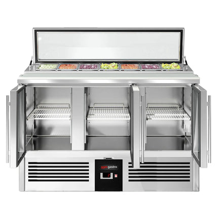 GGM Gastro Commercial Saladette Counter PREMIUM - 1365mm - 248L - 3 glass doors - open top for 7 x GN 1/3 & glass lid