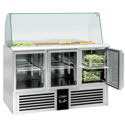 GGM Gastro Commercial Saladette Counter PREMIUM - 1368mm - 288L - 3 glass doors - with glass canopy for 4 x GN 1/1
