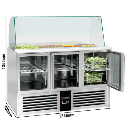 GGM Gastro Commercial Saladette Counter PREMIUM - 1368mm - 288L - 3 glass doors - with glass canopy for 4 x GN 1/1