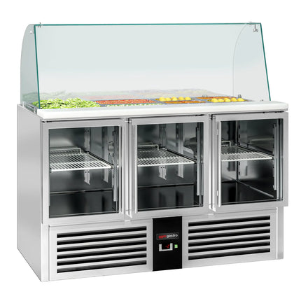 GGM Gastro Commercial Saladette Counter PREMIUM - 1368mm - 288L - 3 glass doors - with glass canopy for 4 x GN 1/1