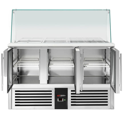 GGM Gastro Commercial Saladette Counter PREMIUM - 1368mm - 288L - 3 glass doors - with glass canopy for 4 x GN 1/1