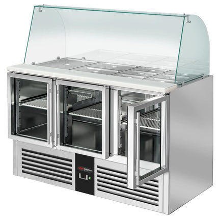 GGM Gastro Commercial Saladette Counter PREMIUM - 1368mm - 288L - 3 glass doors - with glass canopy for 4 x GN 1/1